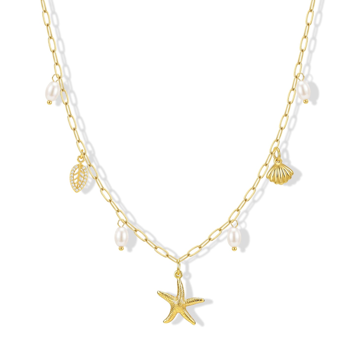 Zeffy Shell Necklace for Women,14K Gold Plated Layered Starfish Conch SeaShell Pearl Pendant Charm Necklace Stack Waterproof Dainty Beach Jewelry for Summer Vacation
