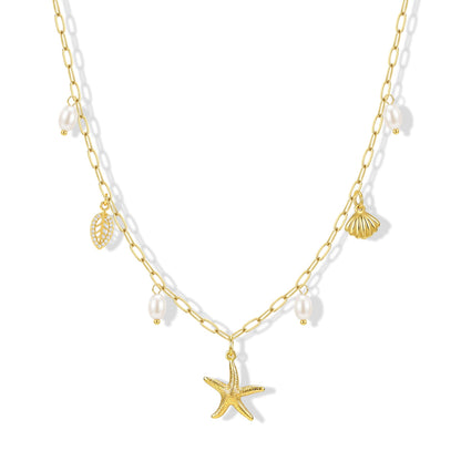 Zeffy Shell Necklace for Women,14K Gold Plated Layered Starfish Conch SeaShell Pearl Pendant Charm Necklace Stack Waterproof Dainty Beach Jewelry for Summer Vacation