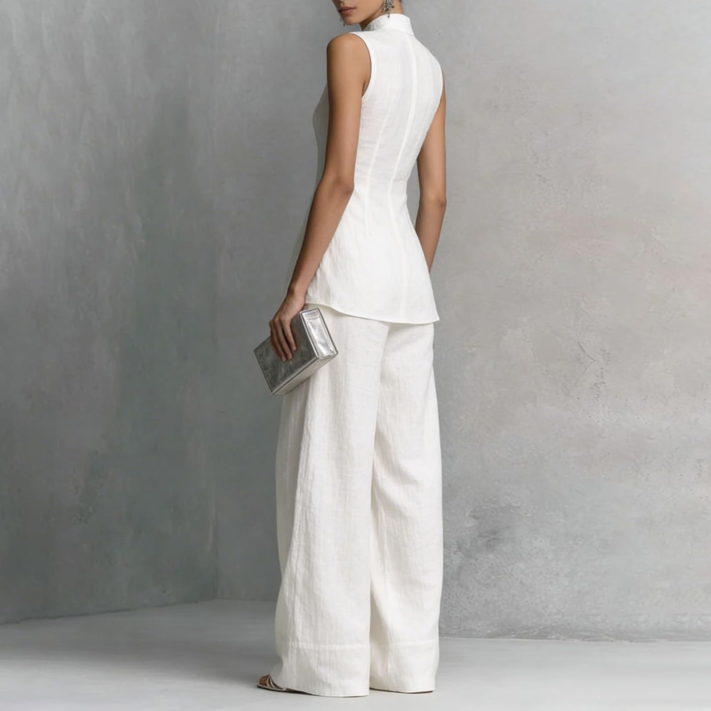 Linen Lounge sets for women, Stand Collar Sleeveless Top and Baggy Wide Leg Pants, Casual Business 2 Piece Set
