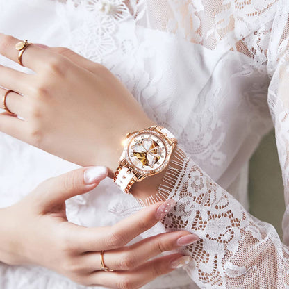 OLEVS Automatic Watches for Women Rose Gold Fashion Diamond Dress Ladies Wrist Watch Self Winding Mechanical Two Tone Ceramic Band Waterproof