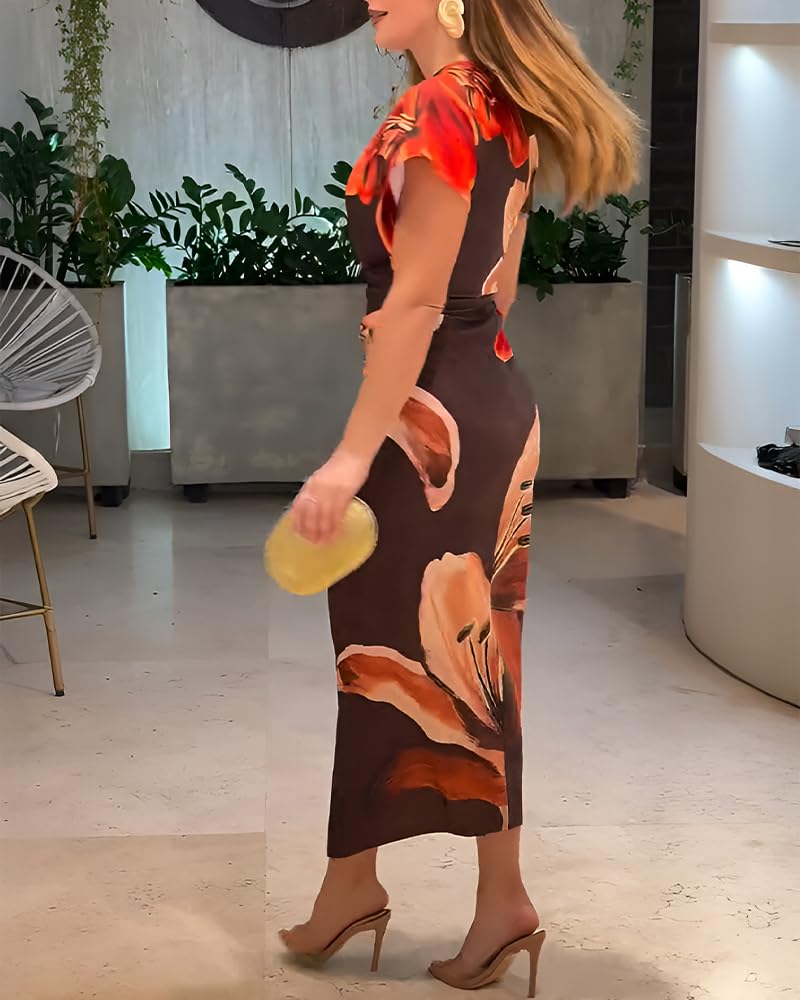 CHICME Summer Dresses for Women Floral Print Plunge V Neck Midi Dress Casual Ruched Slit Bodycon Party Dress