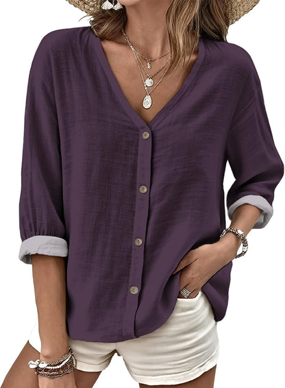MARSVOVO V Neck Shirts for Women Lightweight Decorative Button 3/4 Sleeve Blouses Comfy Casual Business Flowy Top