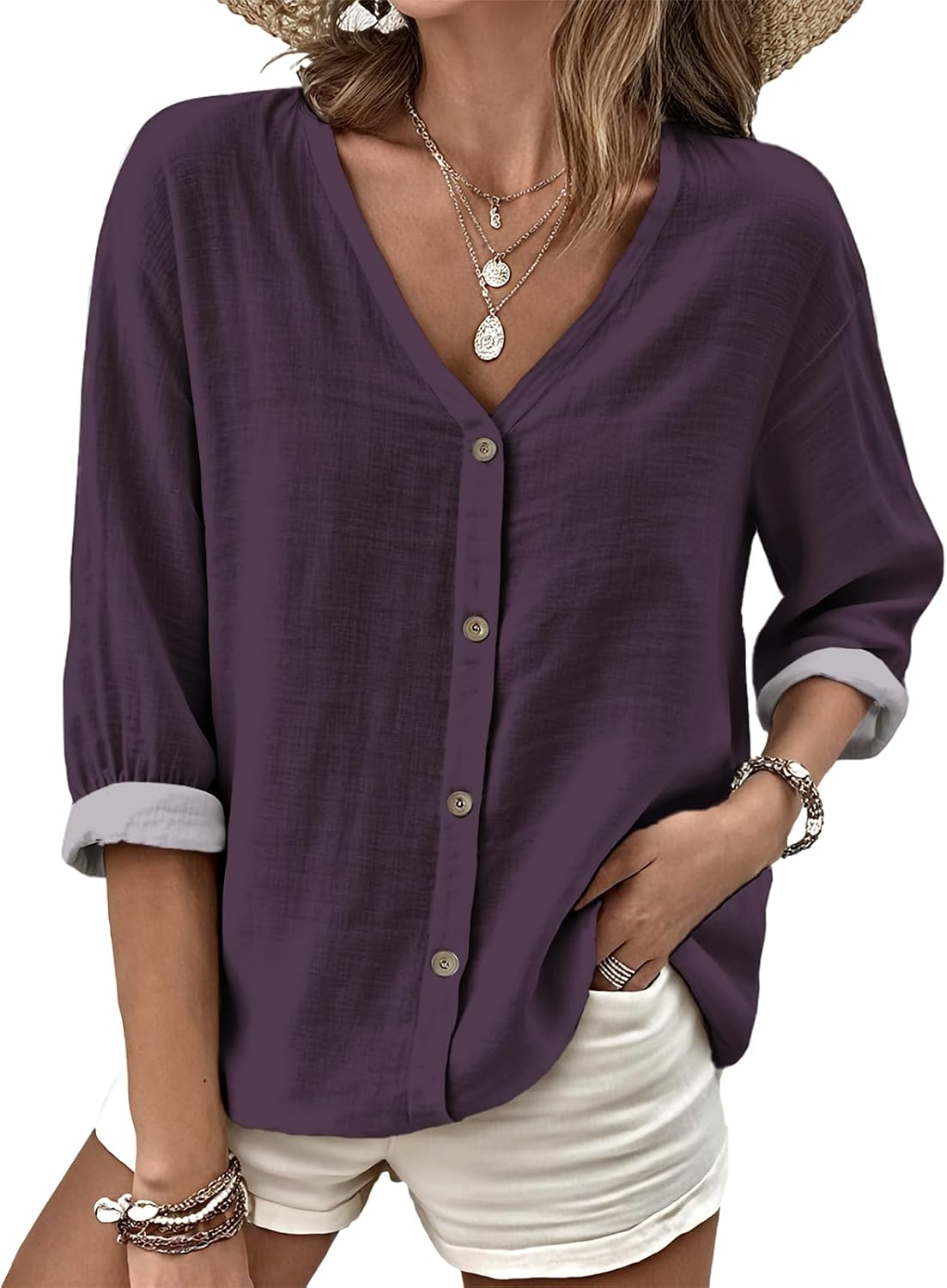 MARSVOVO V Neck Shirts for Women Lightweight Decorative Button 3/4 Sleeve Blouses Comfy Casual Business Flowy Top