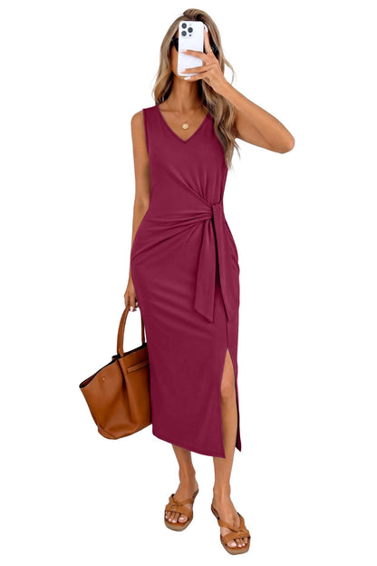 OFEEFAN Summer Dresses for Women 2026 V Neck Sleeveless Casual Dress Elegant Work Long Midi Dresses for Women Tie Waist