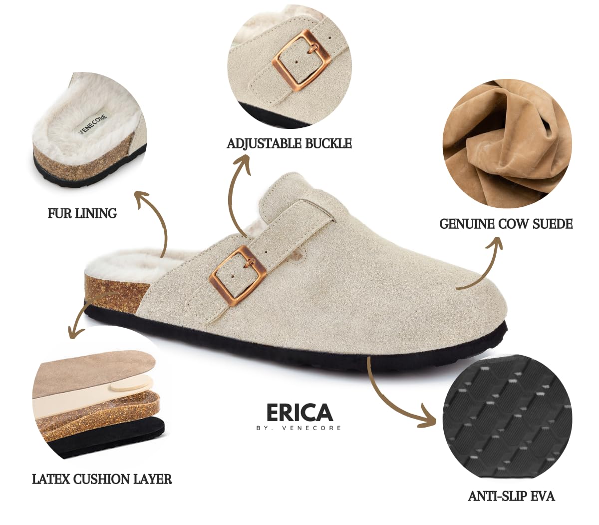Erica Women's Cork Footbed Clogs Genuine Soft Suede Fuzzy Faux Fur Lined Comfort Cushioned Mule Slide Shoes
