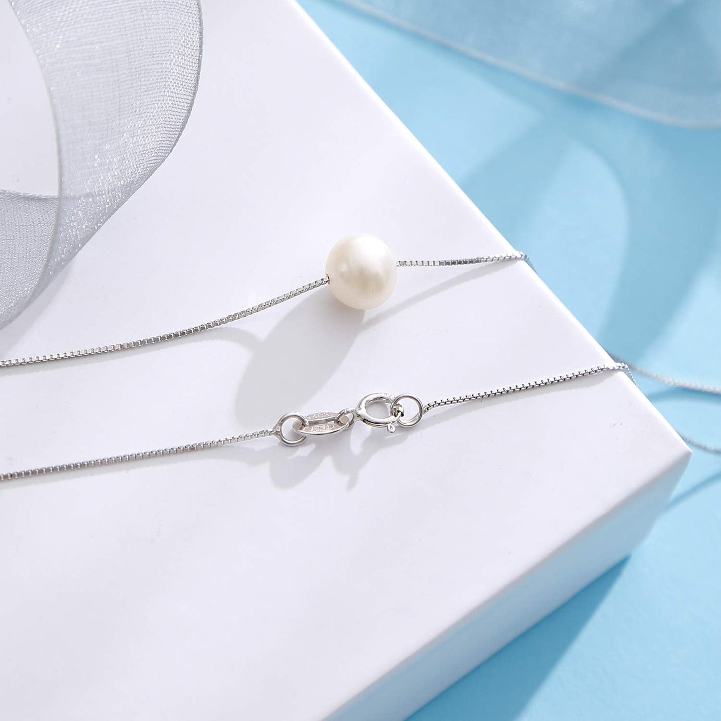 Mother Daughter Pearl Necklace for Women 925 Sterling Silver Box Chain 8mm White Pearl Pendant Necklace Birthday Christmas Gift for Mom