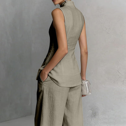 Linen Lounge sets for women, Stand Collar Sleeveless Top and Baggy Wide Leg Pants, Casual Business 2 Piece Set