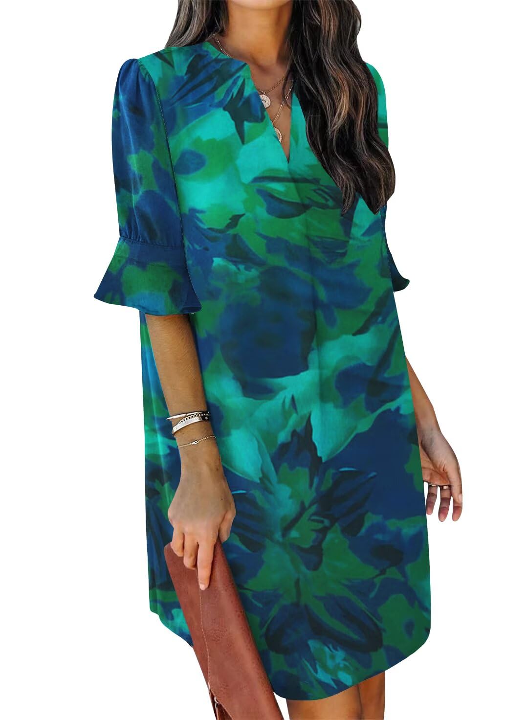 QACOHU Womens Summer Casual V Neck Shift Mini Dress | Flowy Swing Basic Loose Dresses, Ruffle Short Sleeve, Straight, Floral Boho Style, Wedding Guest Beach Vacation Outfits