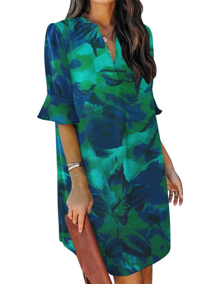 QACOHU Womens Summer Casual V Neck Shift Mini Dress | Flowy Swing Basic Loose Dresses, Ruffle Short Sleeve, Straight, Floral Boho Style, Wedding Guest Beach Vacation Outfits