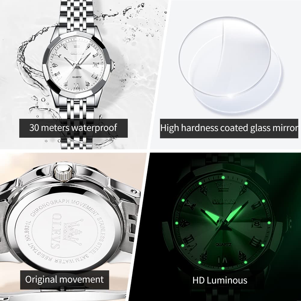 OLEVS Watches Women with Date Silver Stainless Steel Luxury Ladies Watches with Small Writs Diamond Watches for Women Waterproof Elegant Dress Quartz Analog Women's Wrist Watches Reloj de Mujer