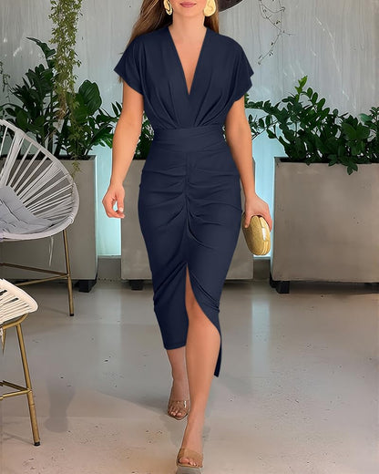 CHICME Summer Dresses for Women Floral Print Plunge V Neck Midi Dress Casual Ruched Slit Bodycon Party Dress