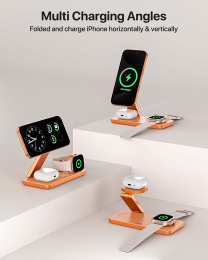 UEQ Foldable 3 in 1 Wireless Charging Station for Apple Magsafe Charger Stand,Fast Magnetic Wireless Charger Station for iPhone 17 Air 16 15 14 13 12 Series,Airpods Pro,Apple Watch Ultra (Pure Black)