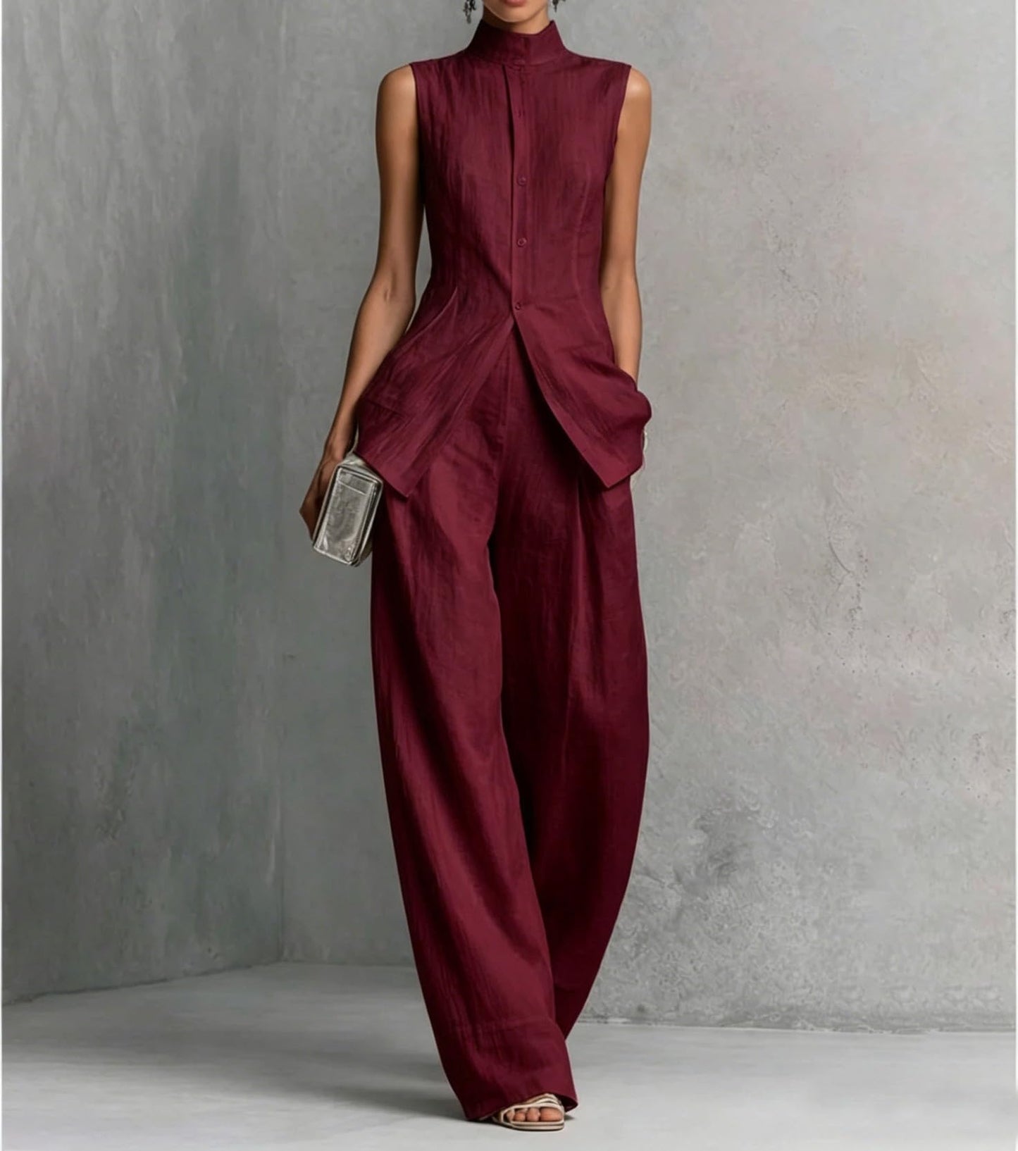 Linen Lounge sets for women, Stand Collar Sleeveless Top and Baggy Wide Leg Pants, Casual Business 2 Piece Set