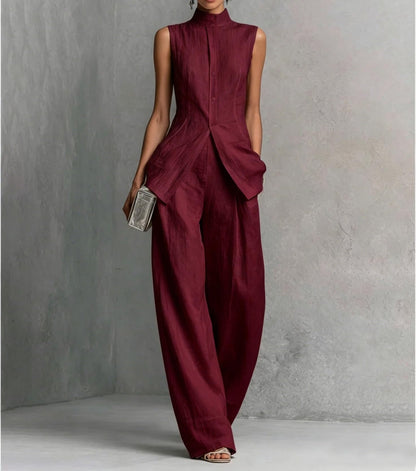 Linen Lounge sets for women, Stand Collar Sleeveless Top and Baggy Wide Leg Pants, Casual Business 2 Piece Set