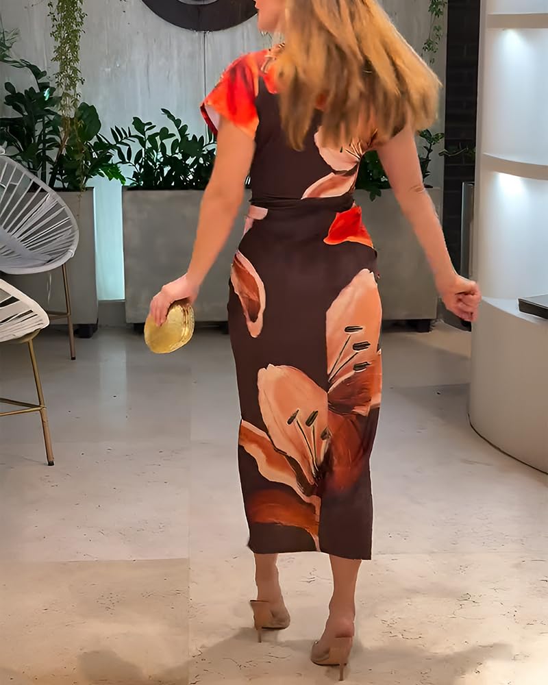 CHICME Summer Dresses for Women Floral Print Plunge V Neck Midi Dress Casual Ruched Slit Bodycon Party Dress