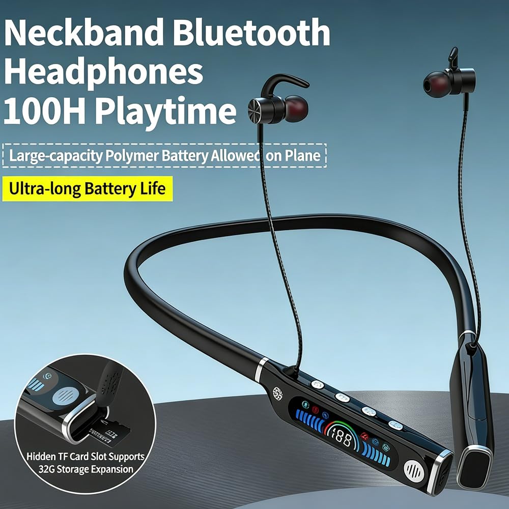 Neckband Bluetooth Headphones, 10mm Graphene Diaphragm Earphones with ENC Noise Cancelling, 100H Playtime 1000mAh Battery, Bendable Silicone Neckband Sports Headset for Workout Running Blue