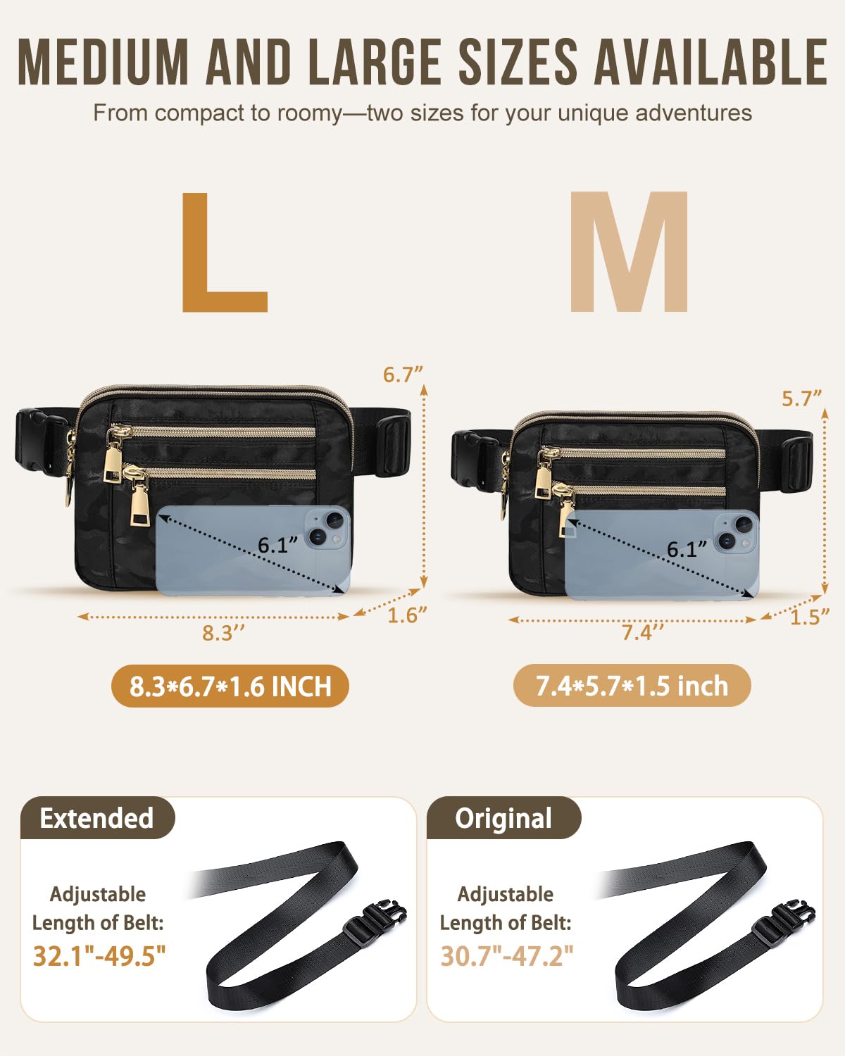 Capolo Fanny Packs for Women Fashion Waist Packs Bag with Adjustable Strap and 4 Zipper Pockets Waterproof Everywhere Crossbody Belt Bag for Workout Running Travelling(Black)