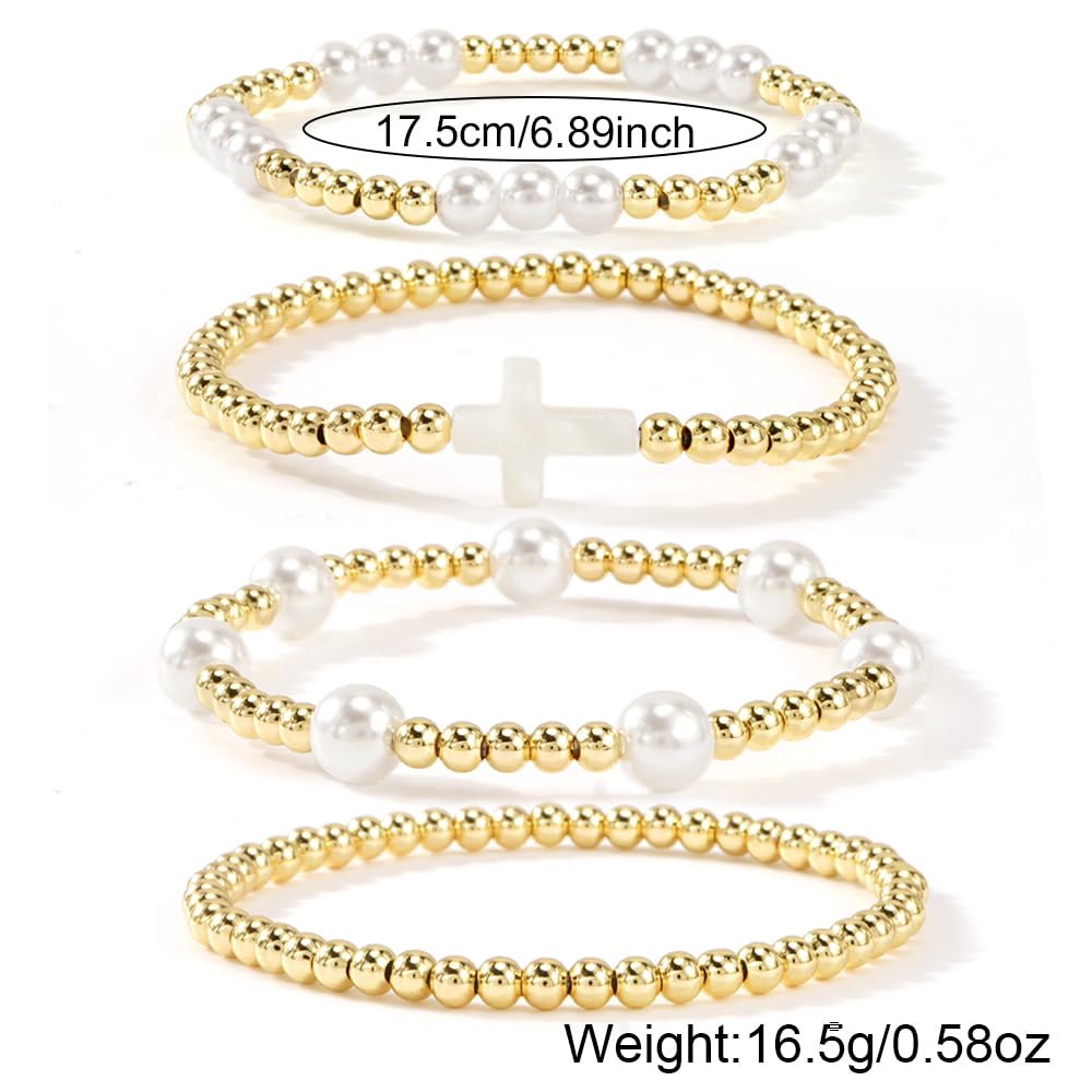 14K Gold Plated Pearl Beaded Cross Bracelets Stack Set for Women,Stretch Boho Colorful Christian Beads Ball Jewelry Friendship Summer Trendy Gift