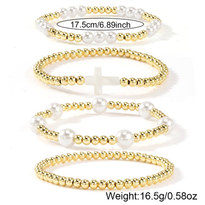 14K Gold Plated Pearl Beaded Cross Bracelets Stack Set for Women,Stretch Boho Colorful Christian Beads Ball Jewelry Friendship Summer Trendy Gift