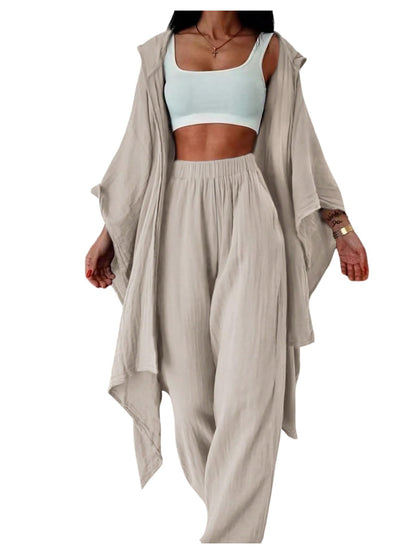SOLY HUX Women's 2 Piece Linen Sets Hooded Kimono Cardigan High Waist Pants | Boho, Wide Leg, Elastic Waisted, Casual, Flowy, 2 Piece Outfits