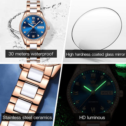 OLEVS Automatic Watches for Women Rose Gold Fashion Diamond Dress Ladies Wrist Watch Self Winding Mechanical Two Tone Ceramic Band Waterproof