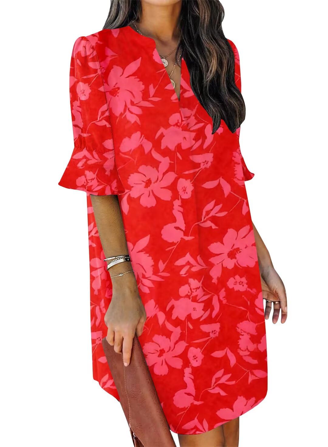 QACOHU Womens Summer Casual V Neck Shift Mini Dress | Flowy Swing Basic Loose Dresses, Ruffle Short Sleeve, Straight, Floral Boho Style, Wedding Guest Beach Vacation Outfits