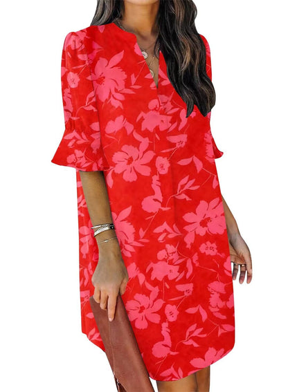 QACOHU Womens Summer Casual V Neck Shift Mini Dress | Flowy Swing Basic Loose Dresses, Ruffle Short Sleeve, Straight, Floral Boho Style, Wedding Guest Beach Vacation Outfits