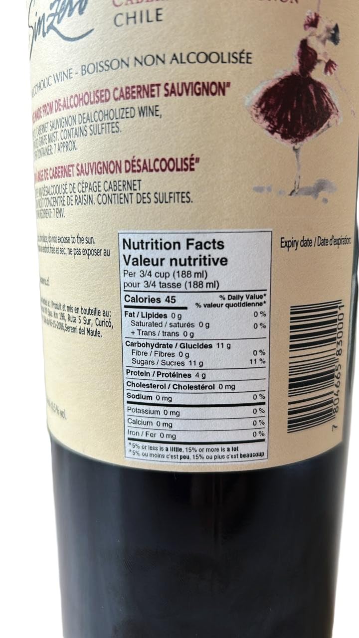SINZERO - Cabernet Sauvignon - 750 ml 6 Pack - Non-alcoholic red wine - Aged in French oak for smooth rich flavor - Low calories, vegan friendly - Made in Chile