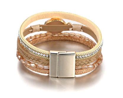 Fesciory Leopard Bracelet for Women, Boho Leather Wrap Multi-Layer Pearl Crystal Bracelet Bangle Jewelry