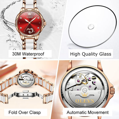OLEVS Womens Automatic Watch, Premium Large Face Diamond Accented Self Winding Watches for Women, Fashion Waterproof Ladies Dress Watch, Two Tone Stainless Steel Ceramic Bracelet