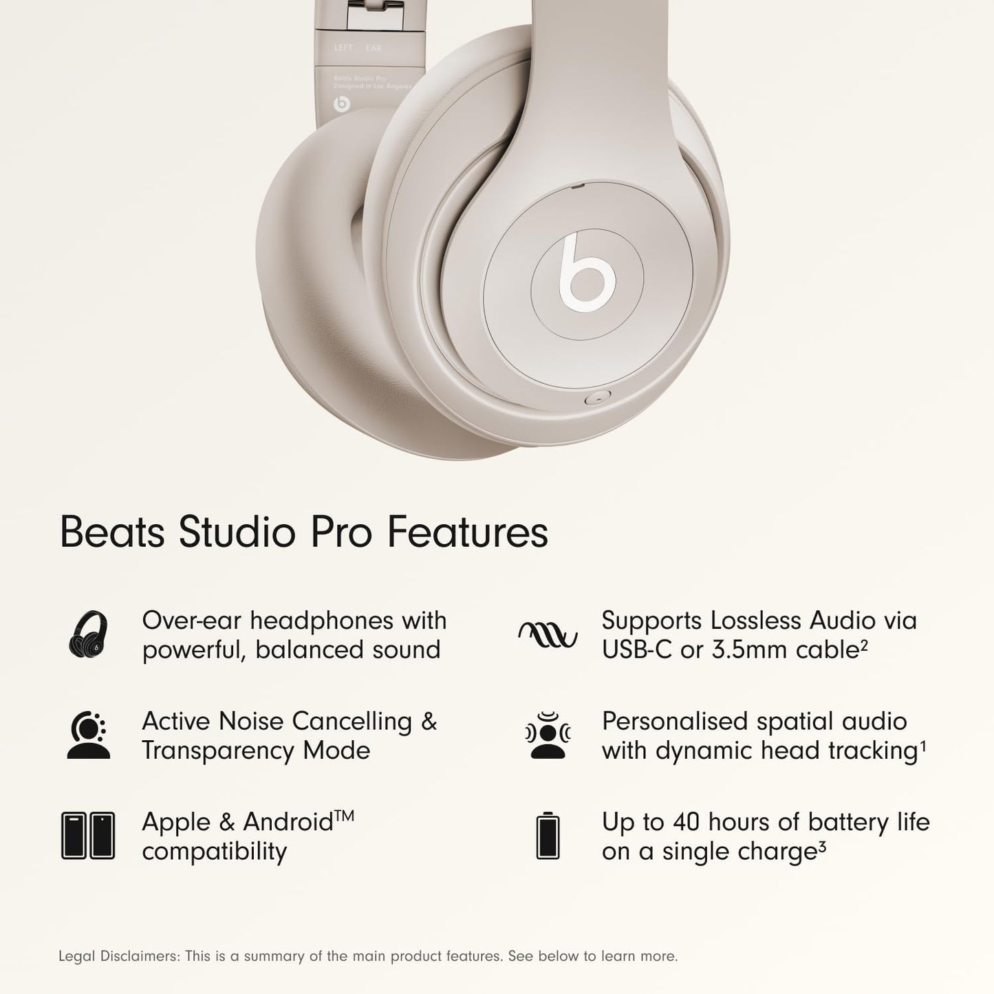 Beats Studio Pro Premium Wireless Over-Ear Headphones- Up to 40-Hour Battery Life, Active Noise Cancelling, Great for Travel & Commuting, Apple & Android Compatible - Exclusive Sand Gray