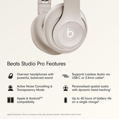 Beats Studio Pro Premium Wireless Over-Ear Headphones- Up to 40-Hour Battery Life, Active Noise Cancelling, Great for Travel & Commuting, Apple & Android Compatible - Exclusive Sand Gray