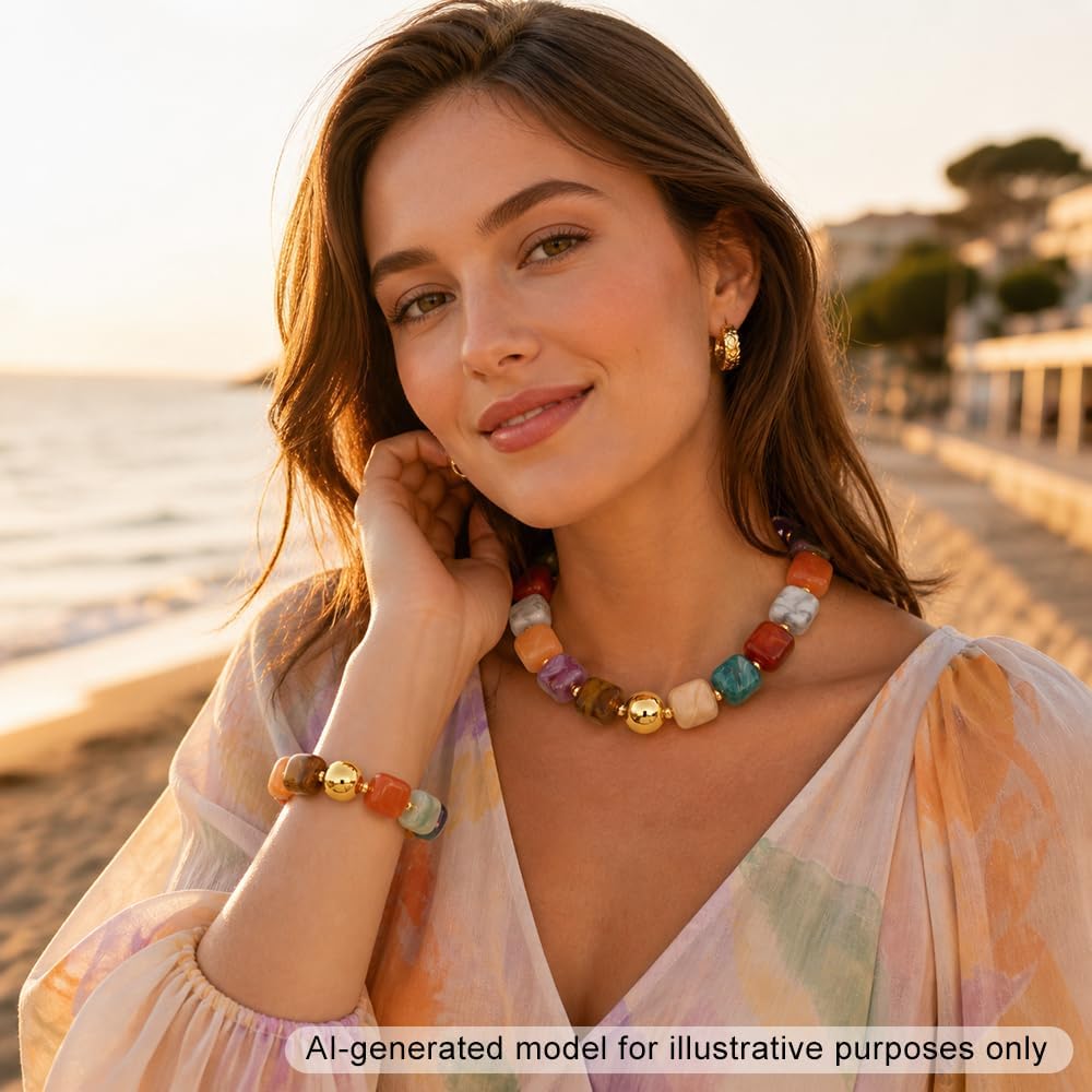 KISS WIFE Colorful Necklace and Bracelet Set for Women, Summer Beach Jewelry, Chunky Resin Square Beaded Choker Necklace, Stretch Acrylic Cube Bead Bracelet, Trendy Dopamine Dressing Jewelry Set