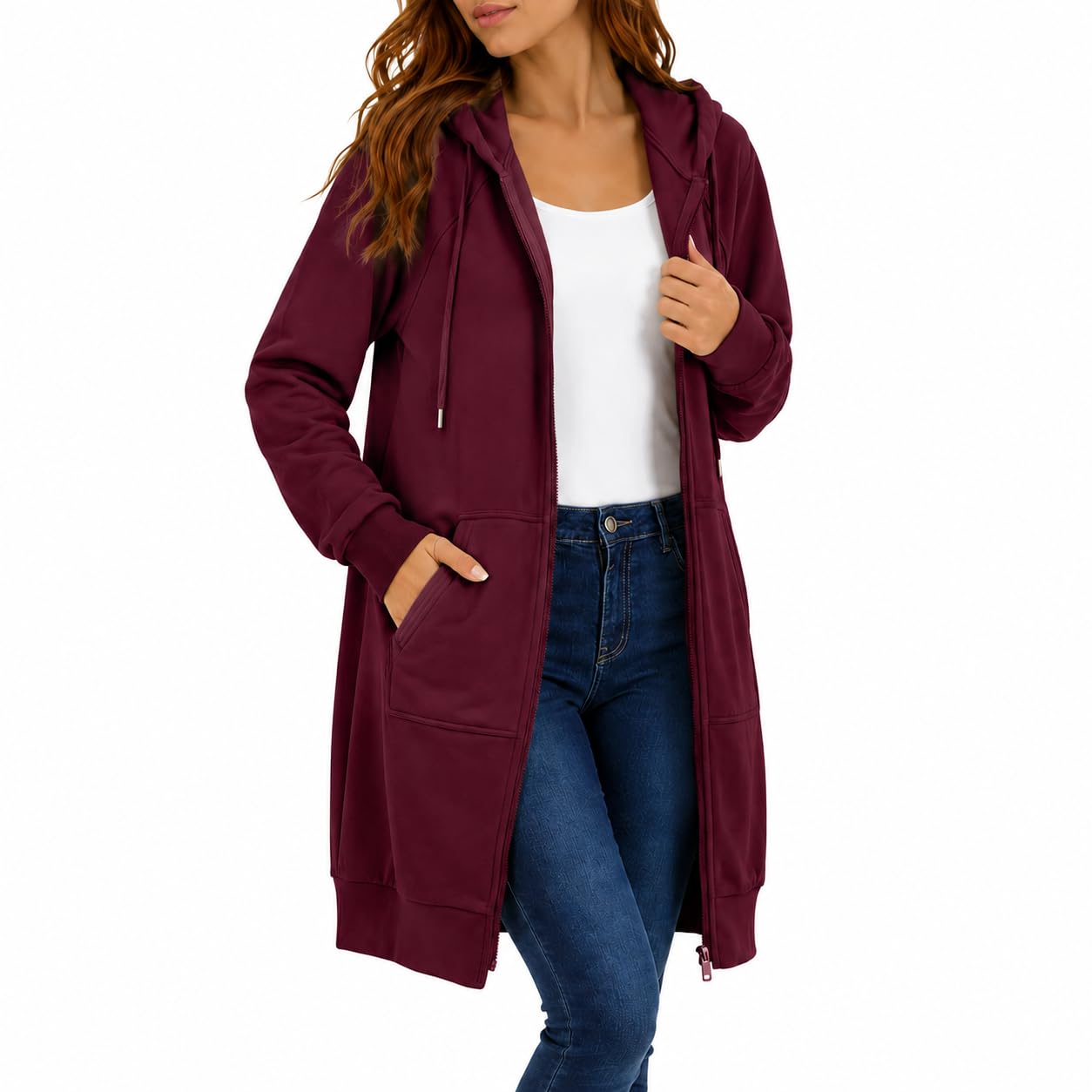 Womens Long Zip Up Hoodie Jacket Casual Open Front Tunic Sweatshirt with Pockets Fleece Lightweight Fall Winter Coat