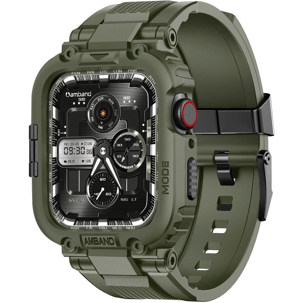 amBand Bands Compatible with Apple Watch 9/8/7 45mm, M1 Sport Series Rugged Case Protective Cover for iWatch 6/SE (3/2/1)/5/4/3 44mm Men Green