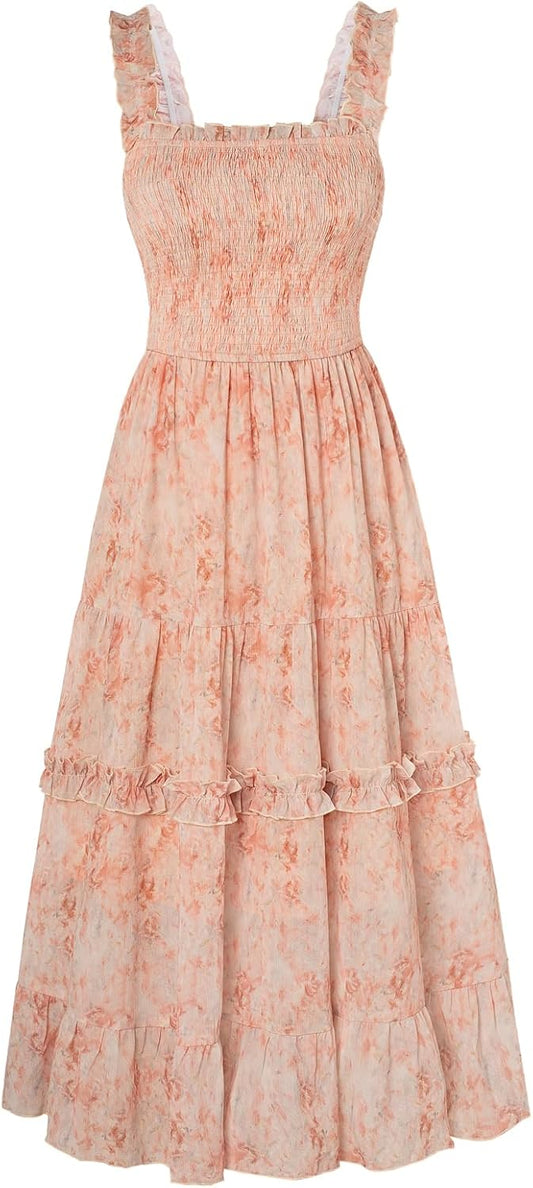 Scarlet Darkness Floral Dress for Women 2026 Flowy Sundress Smocked Cottagecore Dresses