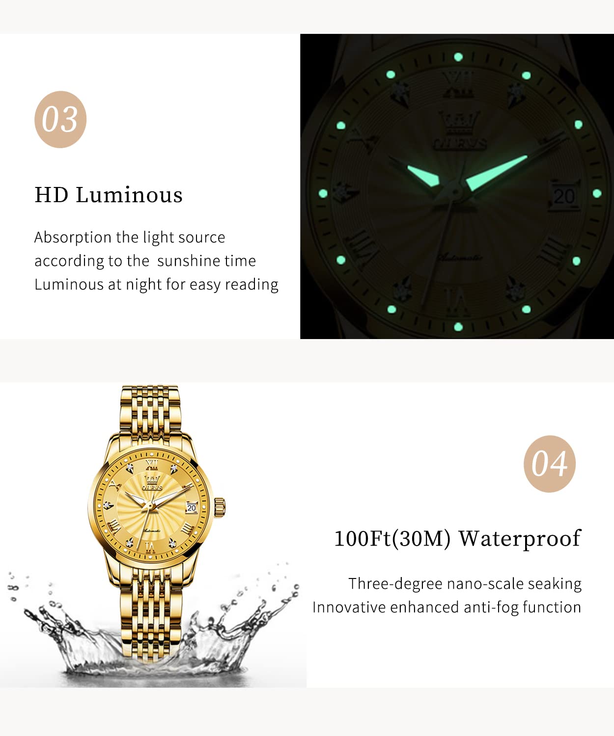 OLEVS Womens Automatic Watches Gold Classic Diamond Ladies Self Winding Mechanical Two Tone Stainless Steel Wrist Watch Date