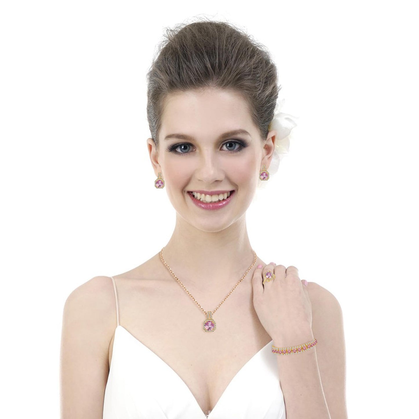 Paxuan 4pcs Cubic Zirconia Wedding Jewelry Sets for Bride Bridesmaid Cubic Zirconia Pendant Necklace Earrings Link Tennis Bracelet Open Ring Set for Women