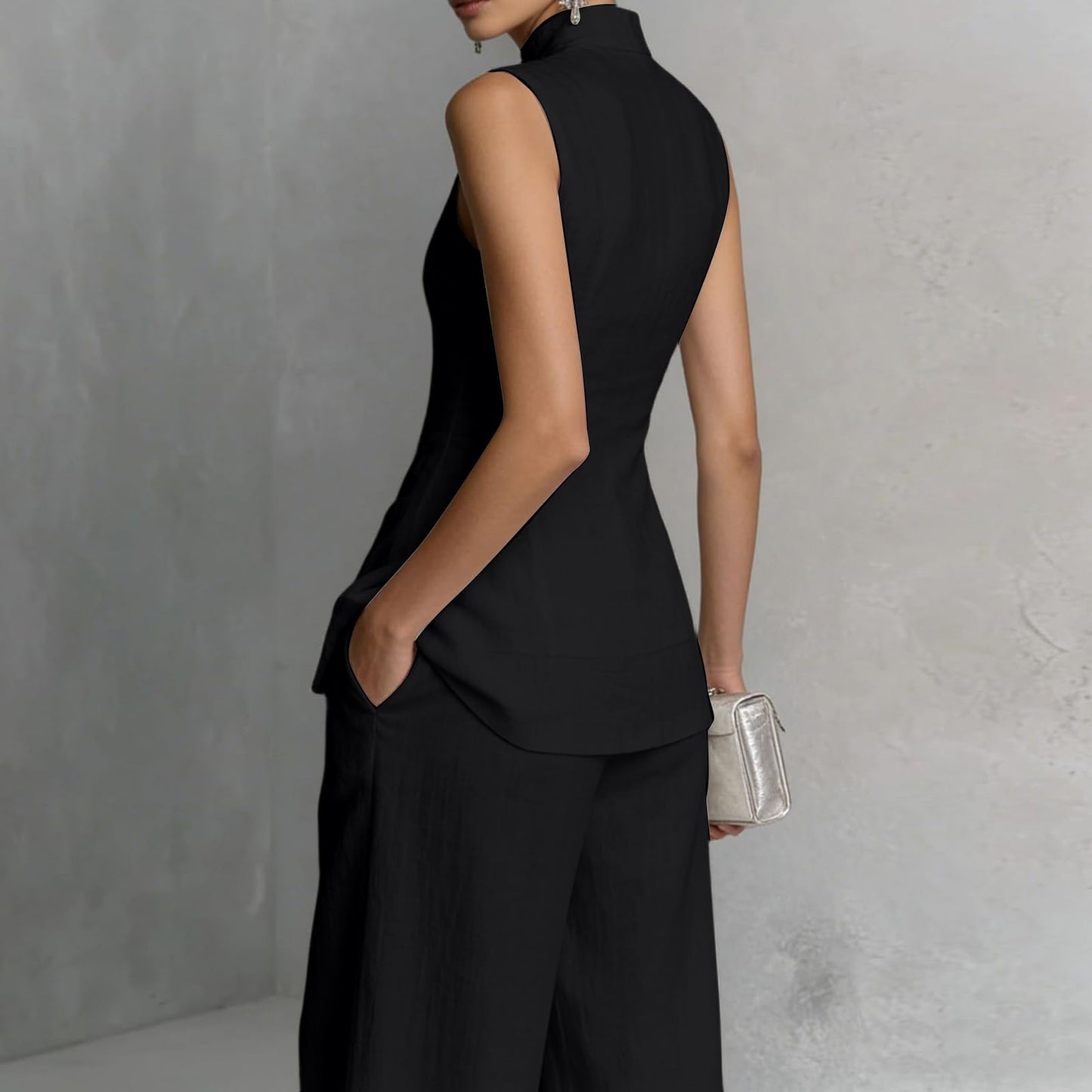 Linen Lounge sets for women, Stand Collar Sleeveless Top and Baggy Wide Leg Pants, Casual Business 2 Piece Set