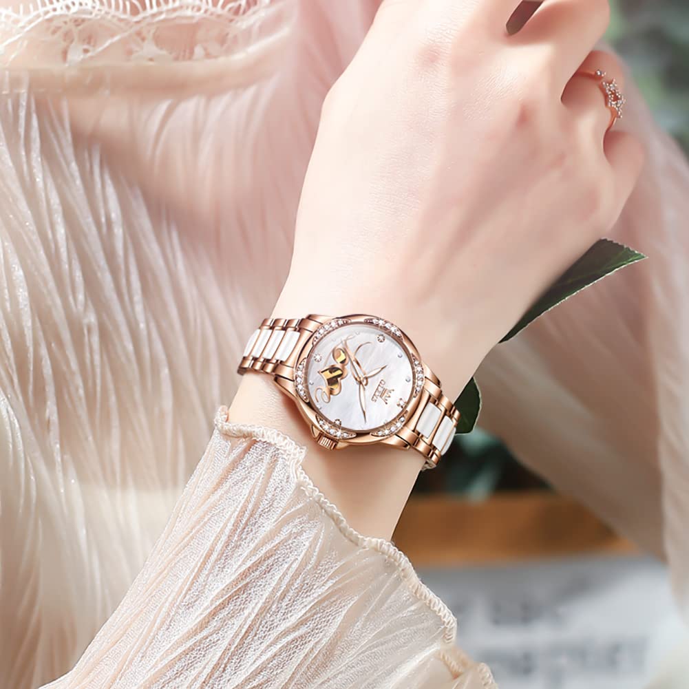 OLEVS Automatic Watches for Women Rose Gold Fashion Diamond Dress Ladies Wrist Watch Self Winding Mechanical Two Tone Ceramic Band Waterproof