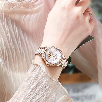 OLEVS Automatic Watches for Women Rose Gold Fashion Diamond Dress Ladies Wrist Watch Self Winding Mechanical Two Tone Ceramic Band Waterproof