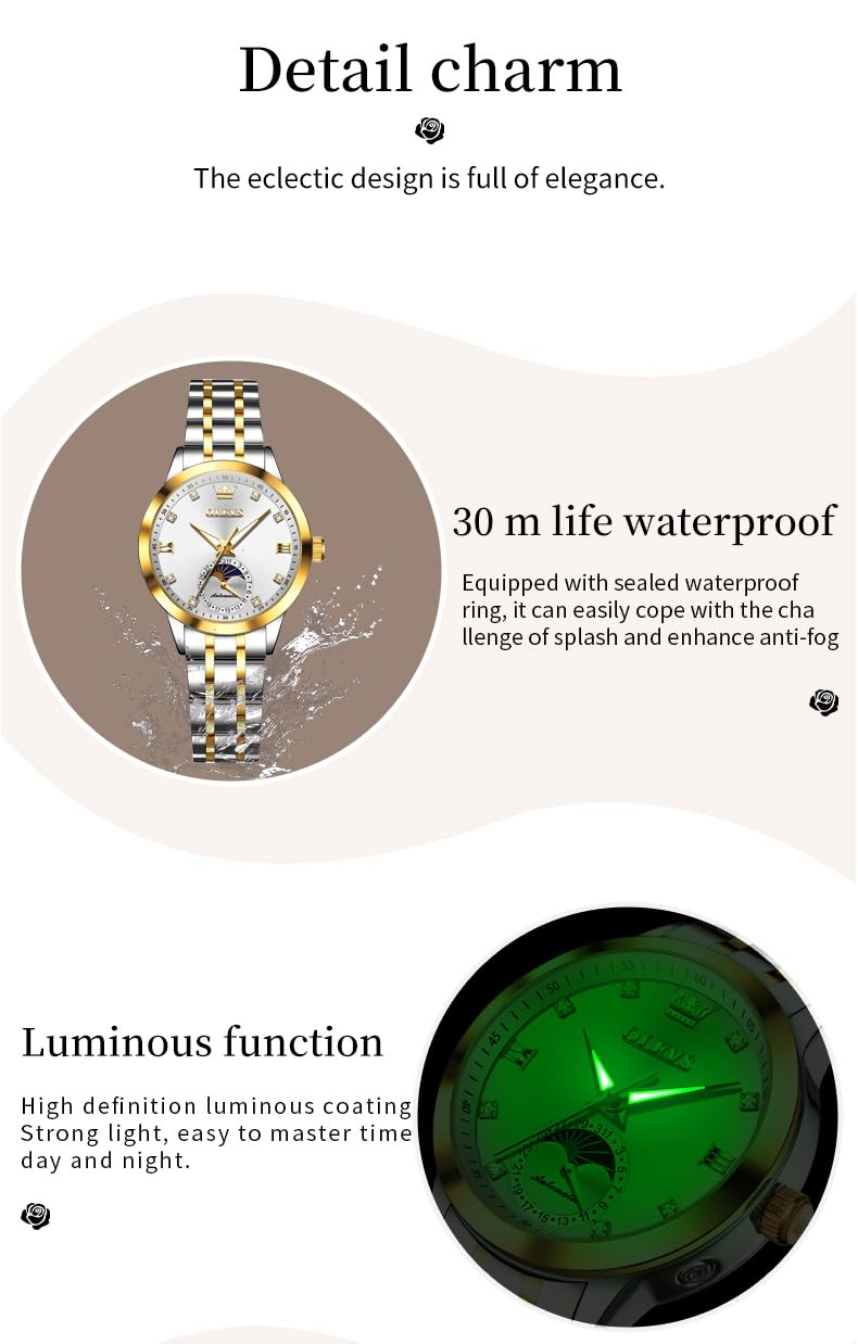 OLEVS Womens Automatic Watches Gold Classic Diamond Ladies Self Winding Mechanical Two Tone Stainless Steel Wrist Watch Date