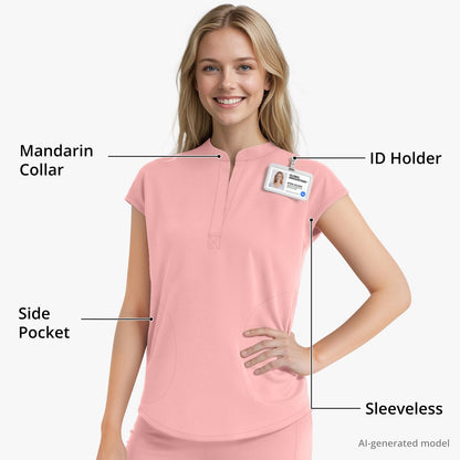 Scrubs for Women Set, Sleeveless 9-Pocket Straight Leg Yoga Waist | Stand-up collar top, straight leg pants side slits. Soft stretch knit. Yoga waist. Wrinkle-free. For nurses/docs/vets.