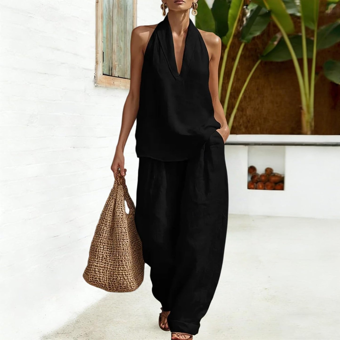 Womens Linen 2 Piece Sets Sleeveless V Neck Halter Top Wide Leg Pants Summer Matching Lounge Set Casual Outfits Black