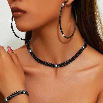 Unicra Black Jewelry Sets Rhinestone Necklace Hoop Earrings Bracelet Set Prom Formal Sparkly Costume Jewelry Sets for Women