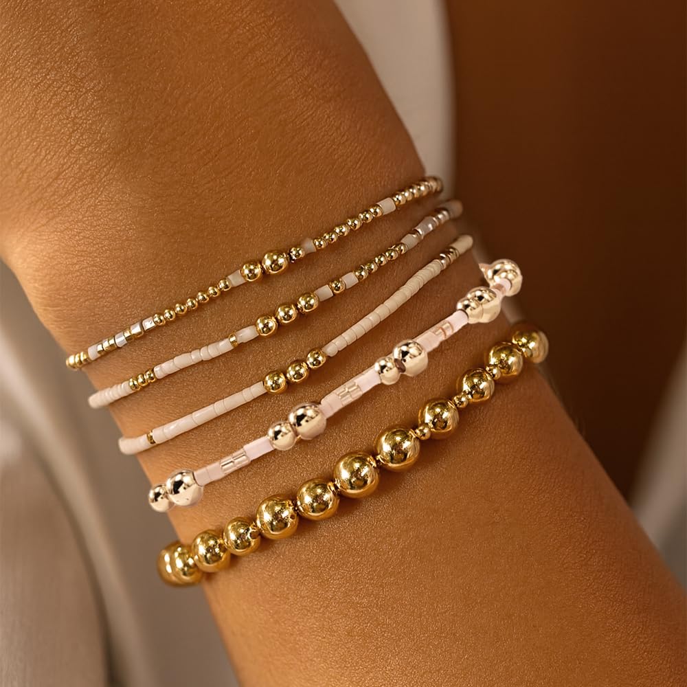 14K Gold Plated Pearl Beaded Cross Bracelets Stack Set for Women,Stretch Boho Colorful Christian Beads Ball Jewelry Friendship Summer Trendy Gift