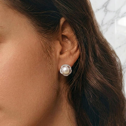 NONNYL Pearl Anniversary Birthday Gifts for Women Wife- 925 Sterling Silver Freshwater Cultured Pearl Stud Earrings With CZ, Dainty Flower Design Christmas Jewelry Gifts for Mom, Her, Wife, Women