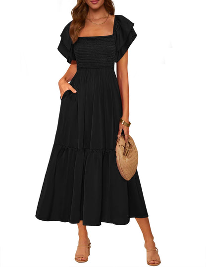 MASCOMODA Womens Summer Casual Midi Dress Square Neck Ruffle Short Sleeve Smocked High Waist A Line Wedding Guest Dresses