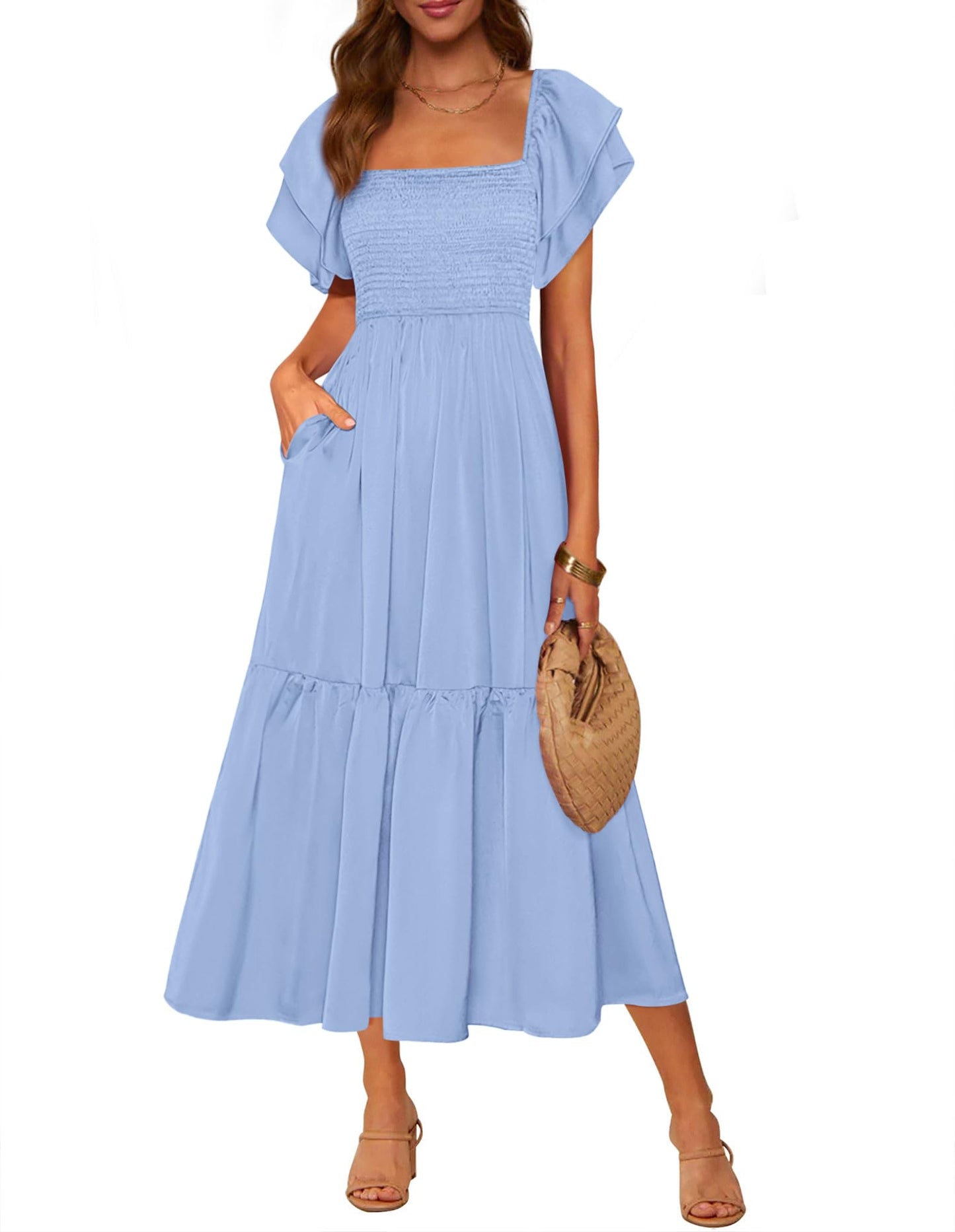 MASCOMODA Womens Summer Casual Midi Dress Square Neck Ruffle Short Sleeve Smocked High Waist A Line Wedding Guest Dresses