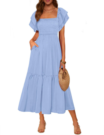 MASCOMODA Womens Summer Casual Midi Dress Square Neck Ruffle Short Sleeve Smocked High Waist A Line Wedding Guest Dresses